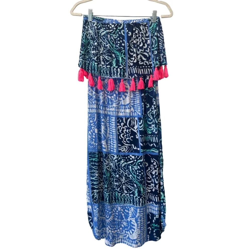 Lilly Pulitzer Meridian Blue Patchwork Strapless Maxi Dress with Pink Tassels - Picture 3 of 4